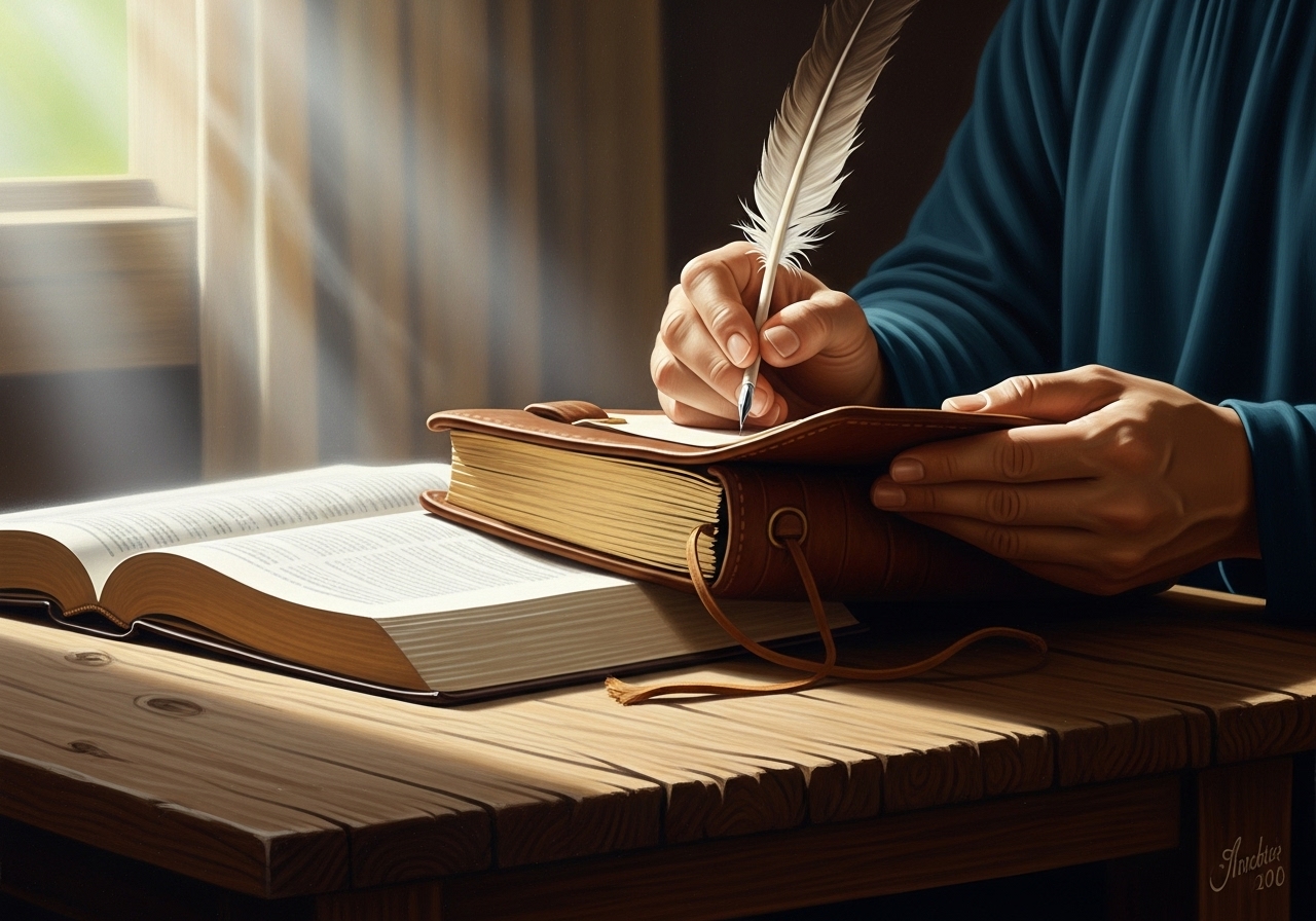 Hands journaling next to an open Bible, practicing Lectio Divina and personal reflection