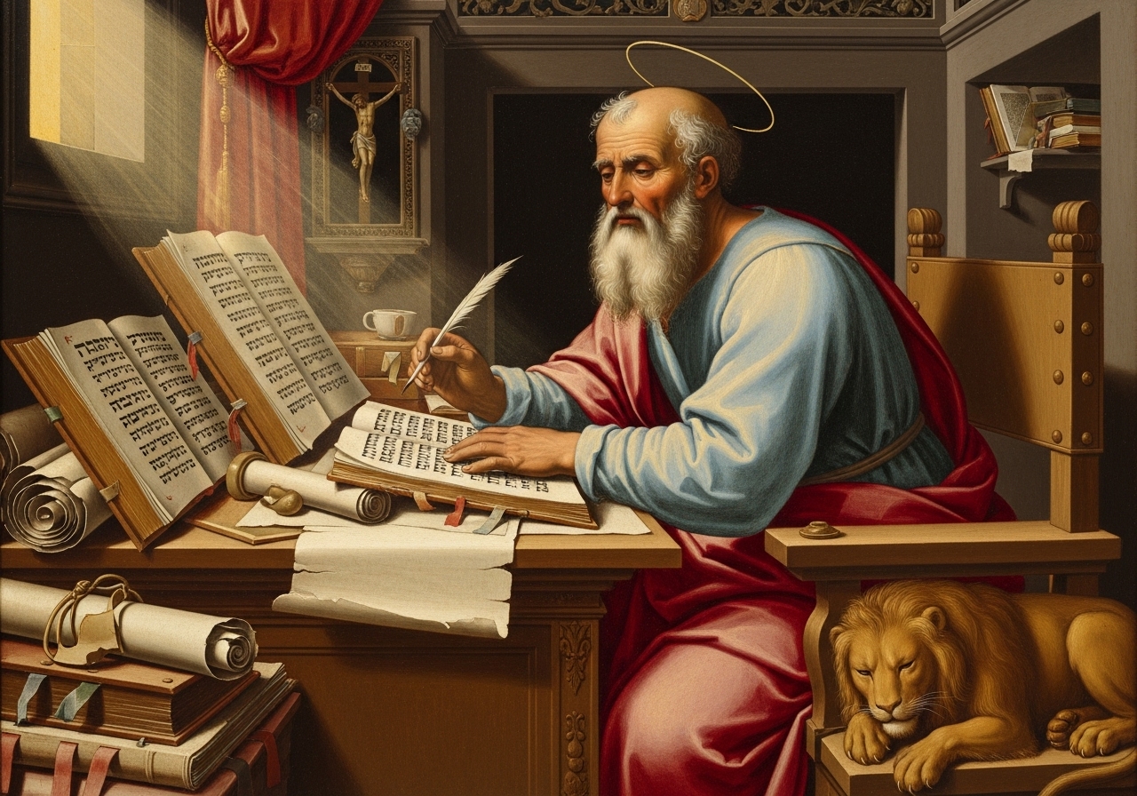 St. Jerome translating the Bible, an illuminated manuscript representing Church tradition and reverence for Scripture