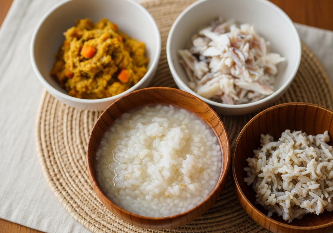 Mâm cơm ăn dặm kiểu Nhật tinh tế cho bé 8-9 tháng tuổi, với các chén nhỏ đựng cháo 1:7, rau củ nghiền lợn cợn và một phần thịt cá hấp xé nhỏ. Hình ảnh thể hiện sự tỉ mỉ, khoa học trong cách chế biến và trình bày, khuyến khích bé ăn độc lập.