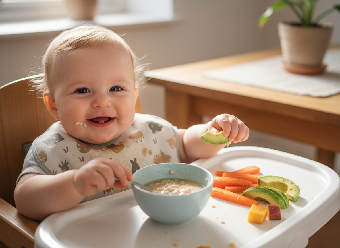 Bé ăn dặm tổng hợp, có cả cháo kiểu Nhật và miếng rau củ BLW. Kết hợp linh hoạt, dinh dưỡng đầy đủ.