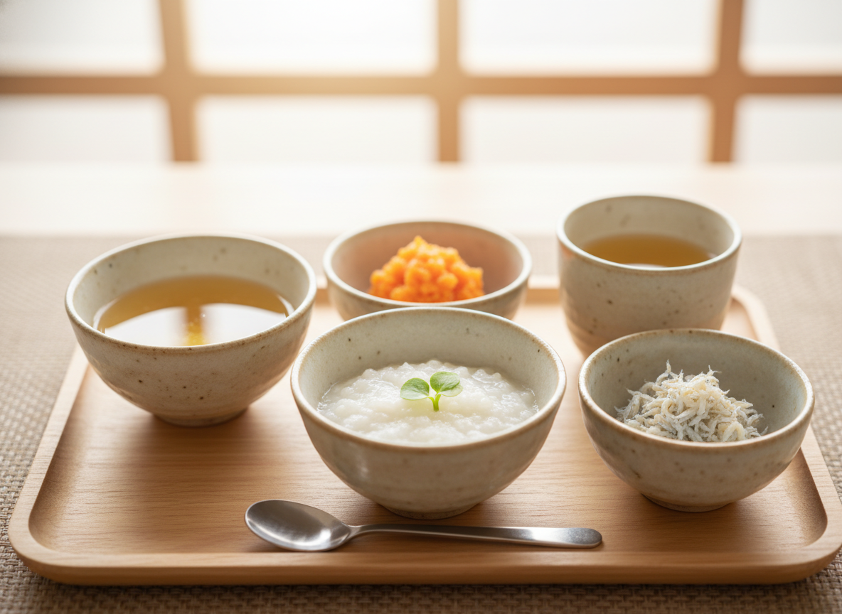 Mâm ăn dặm kiểu Nhật tinh tế, các món nhỏ riêng biệt: cháo, rau củ nghiền, thịt/cá, dashi. Đẹp mắt, tươi ngon.