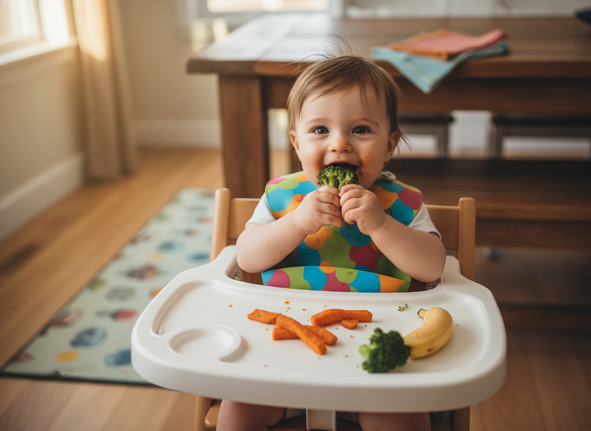 Em bé BLW tự bốc ăn hào hứng, tay nắm rau củ luộc, chuối. Mặt bé dính thức ăn, nhưng vui vẻ, tự chủ.