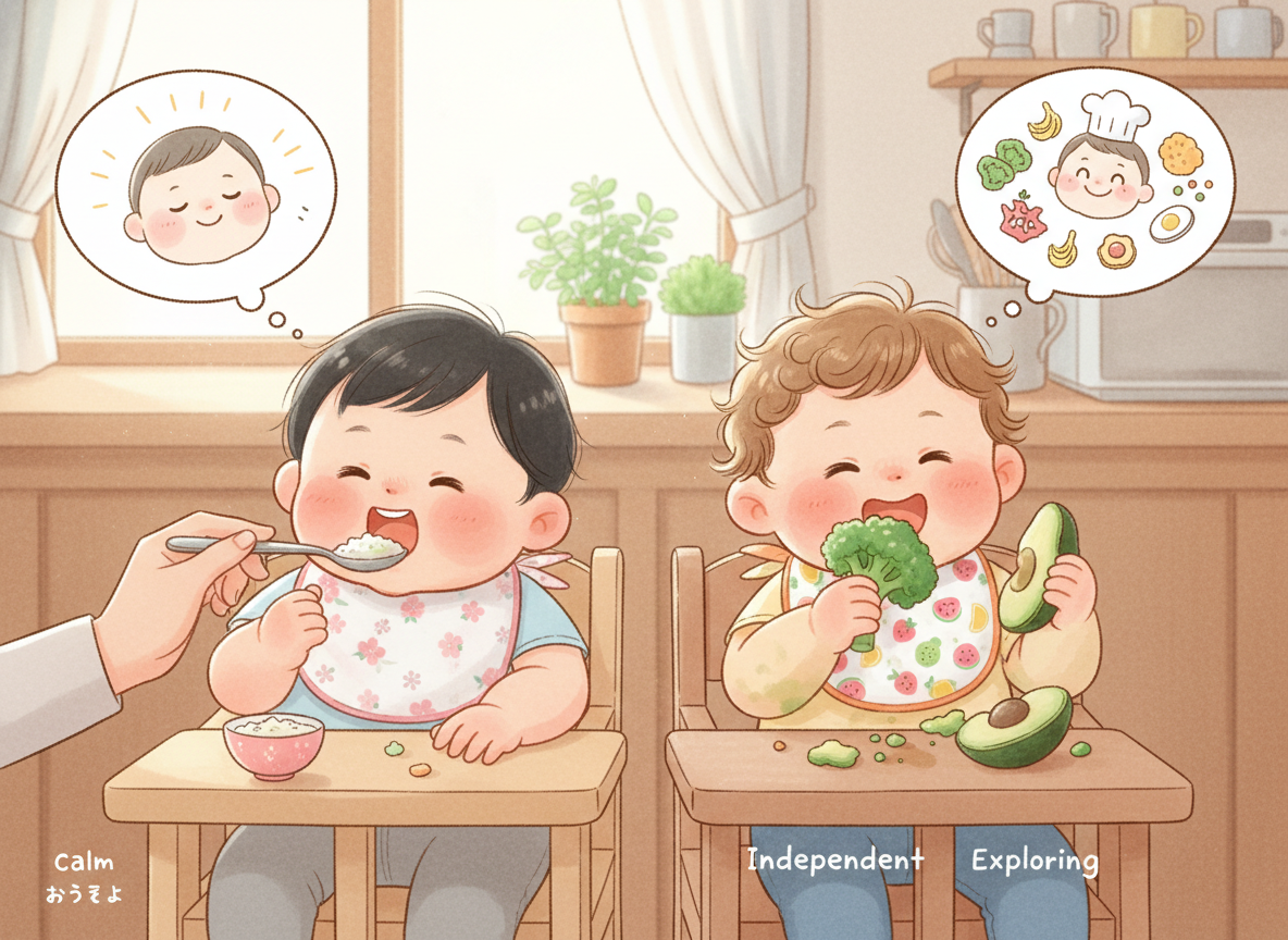 So sánh ăn dặm: Bé kiểu Nhật được mẹ đút, bé BLW tự bốc ăn. Minh họa lựa chọn phương pháp phù hợp.