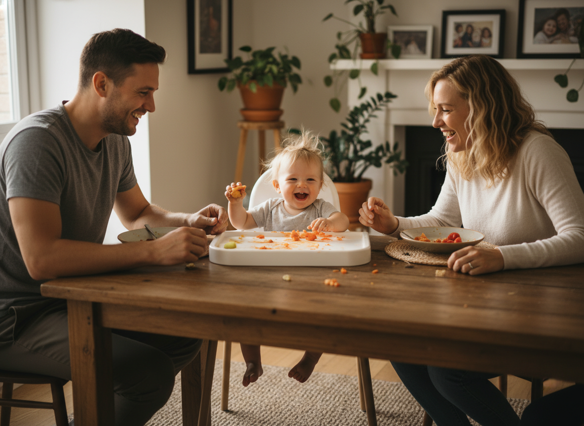 Gia đình hạnh phúc cùng ăn cơm tối, bé ngồi ghế ăn dặm, không khí vui vẻ, tích cực. Gắn kết tình cảm gia đình.