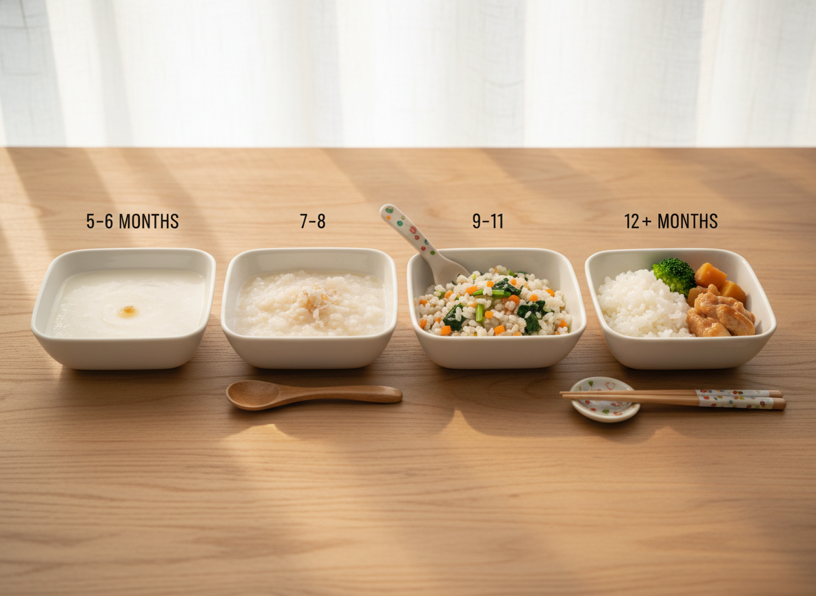 Các giai đoạn ăn dặm kiểu Nhật từ cháo mịn đến cơm nát và thức ăn viên.