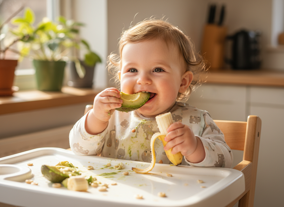 Bé tự tay bốc ăn bơ, chuối theo phương pháp ăn dặm tự chỉ huy BLW.