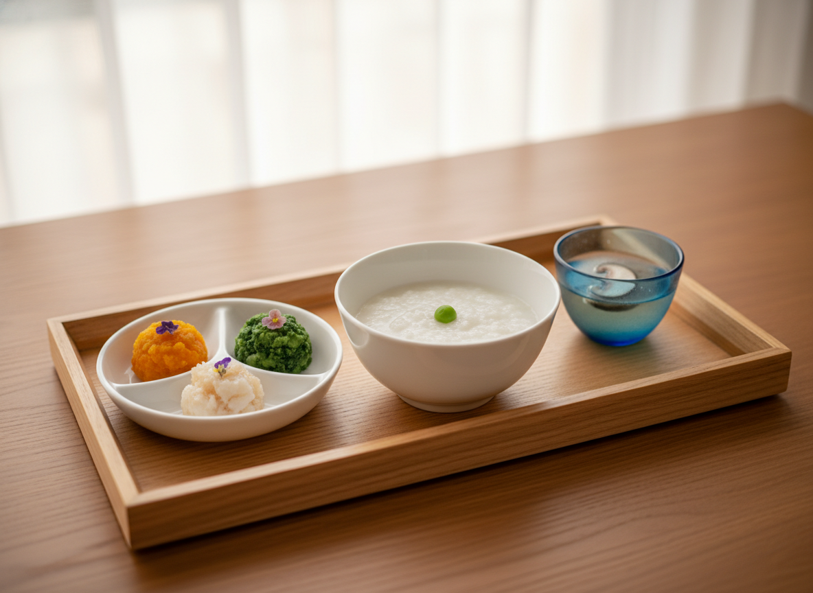 Thực đơn ăn dặm kiểu Nhật cho bé, gồm cháo, dashi, rau củ và cá, bày trí đẹp mắt.