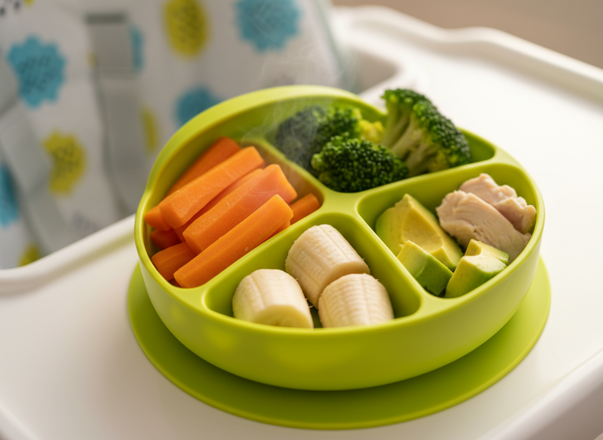 Khay ăn dặm BLW đa dạng với cà rốt, bông cải, chuối, bơ cắt an toàn.