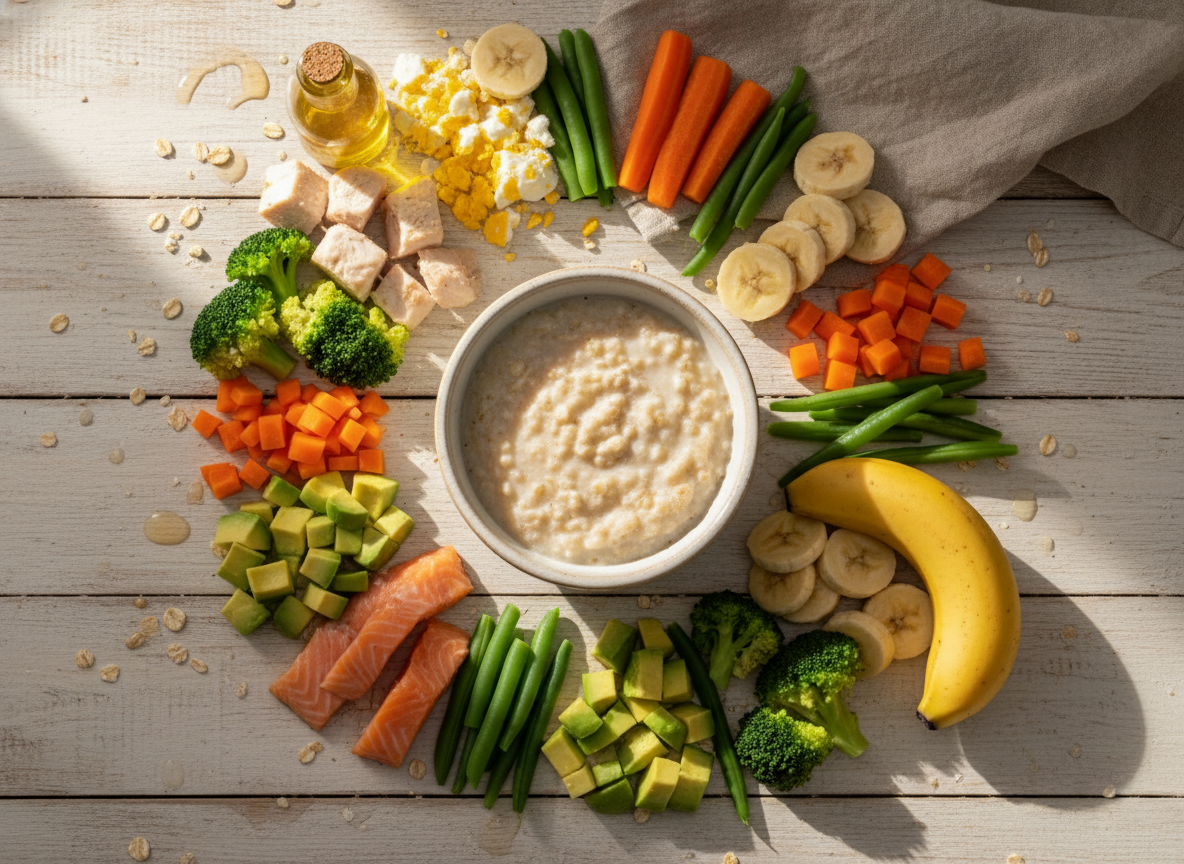 Mâm thực phẩm ăn dặm đầy đủ dinh dưỡng cho bé: ngũ cốc, đạm, rau củ, dầu.