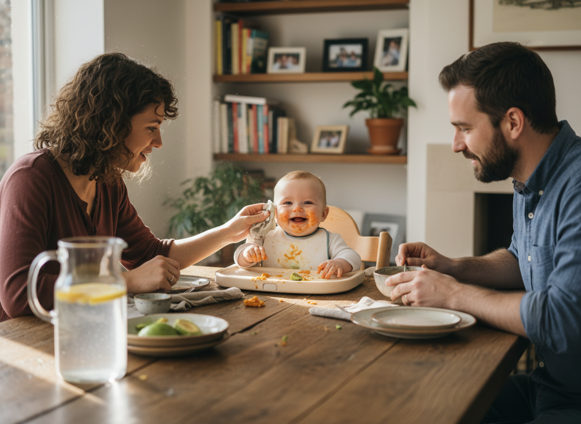 Gia đình vui vẻ ăn uống, bé ngồi cùng bàn, cười tươi dù lấm lem thức ăn.