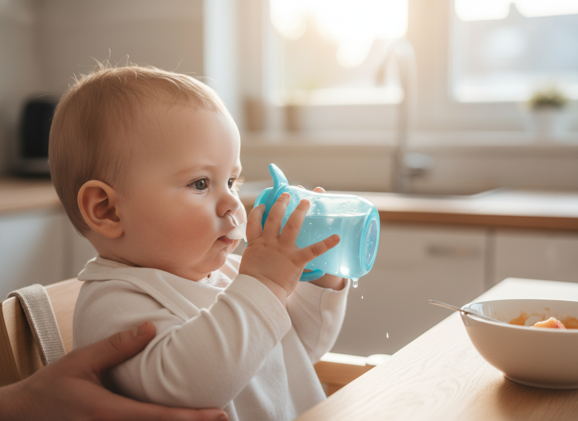 Bé 7 tháng tuổi uống nước từ cốc tập uống, rèn luyện kỹ năng độc lập BLW.