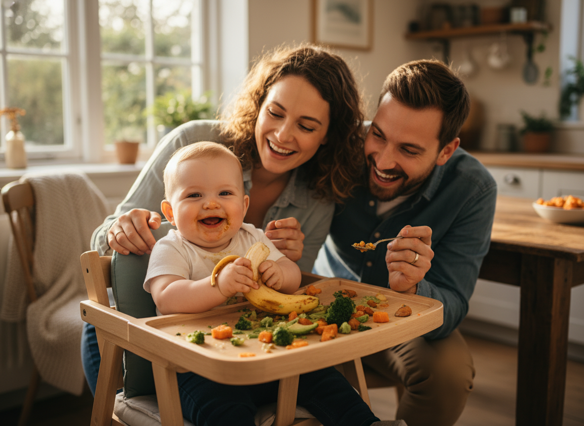 Bé 7 tháng tuổi ăn dặm BLW vui vẻ, ba mẹ quan sát đồng hành trong hành trình khám phá.