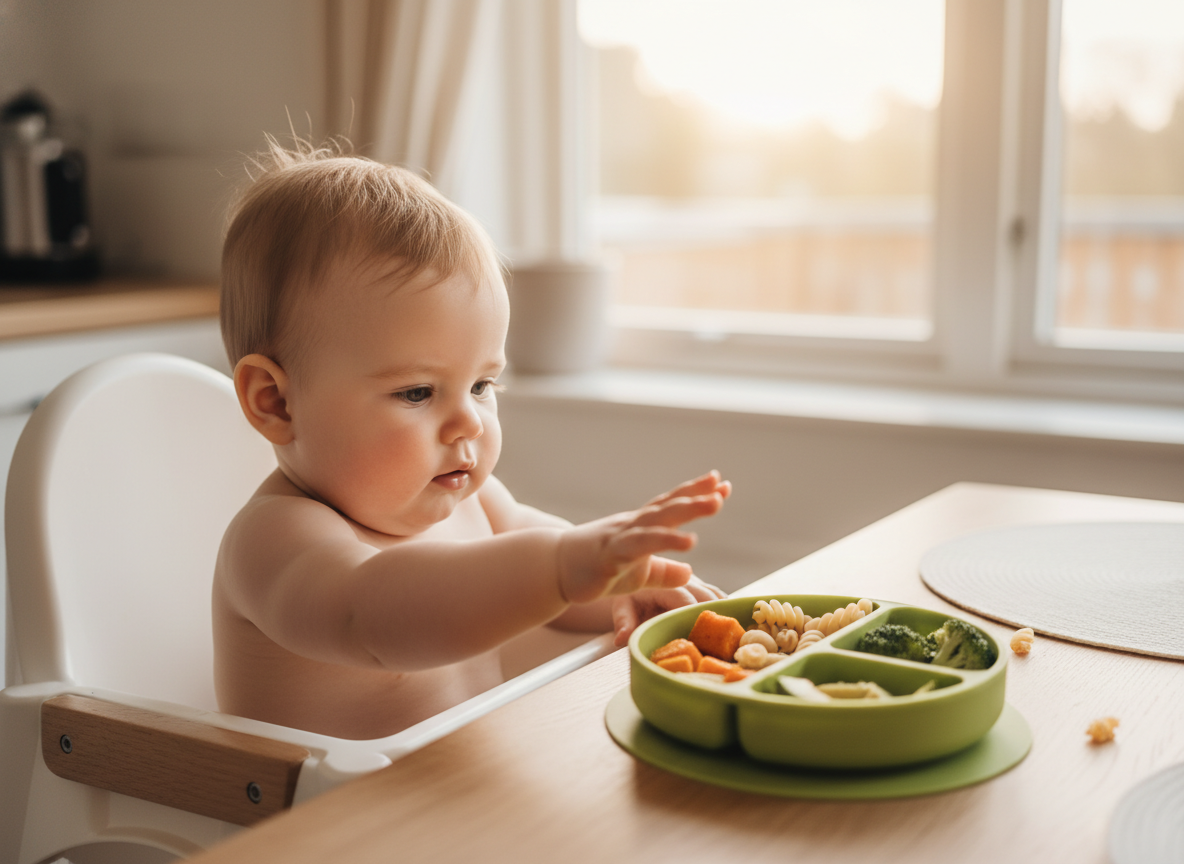 Bé 7 tháng tuổi ngồi vững trên ghế ăn, với tay hứng thú đến đĩa thức ăn BLW đa dạng.