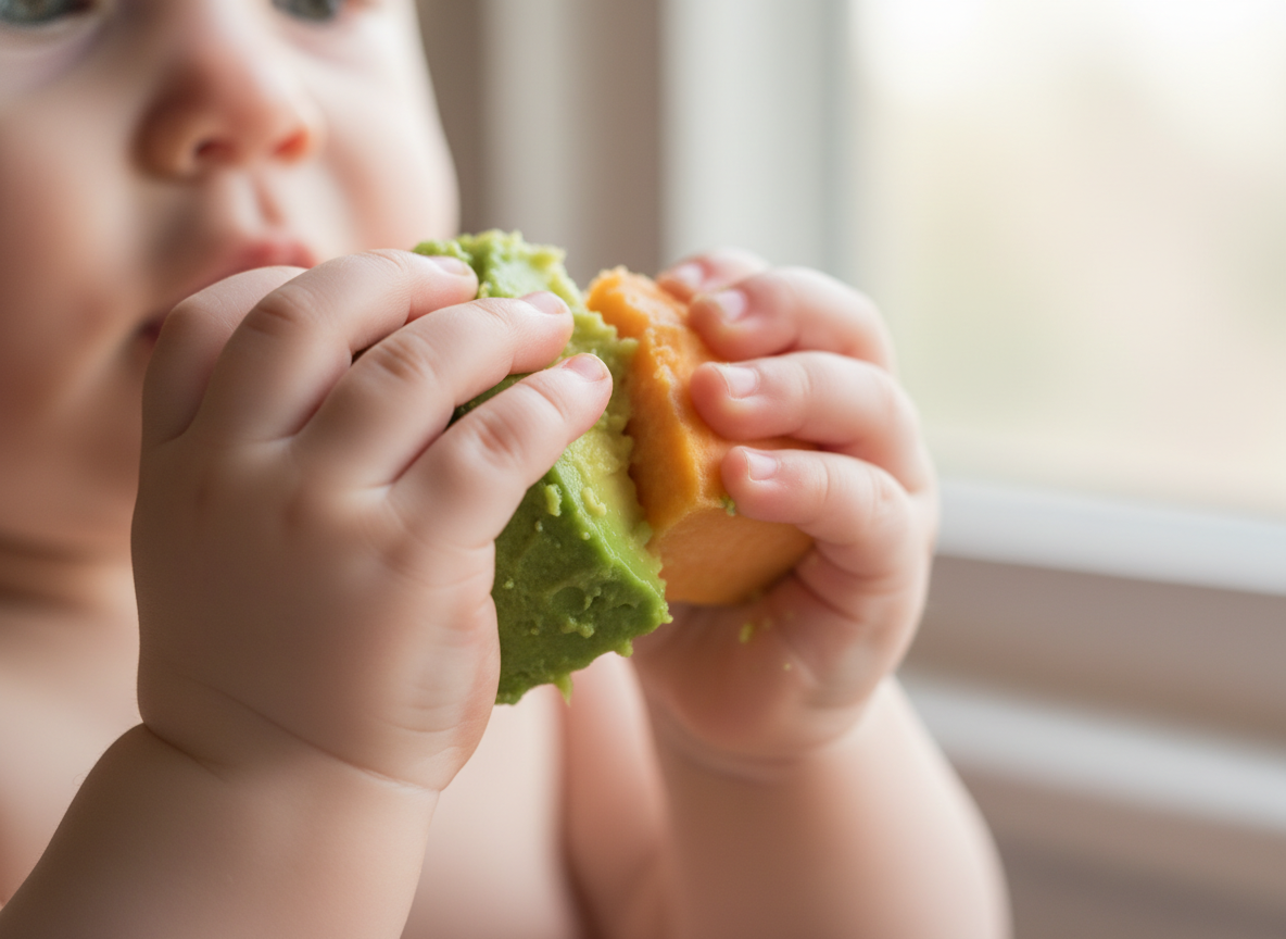 Bé 7 tháng tuổi cầm miếng bơ hoặc khoai lang hấp mềm, tự khám phá thực phẩm BLW.