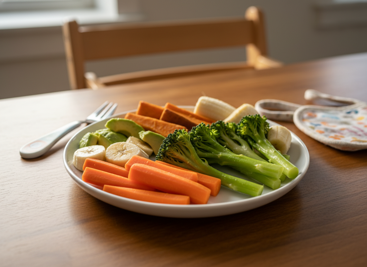 Bàn ăn dặm BLW với cà rốt, bông cải xanh, khoai lang cắt miếng dài an toàn cho bé 7 tháng.