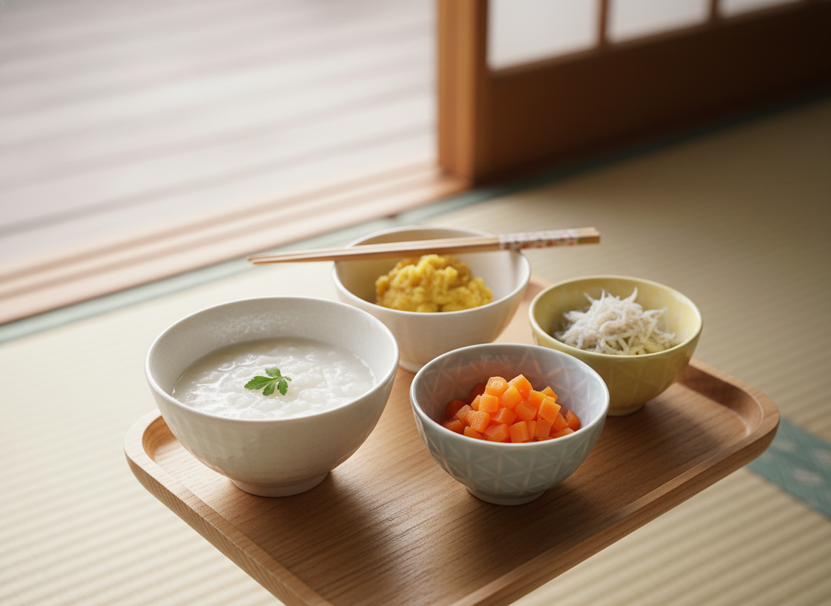 Mâm cơm ăn dặm kiểu Nhật đẹp mắt với nhiều món nhỏ, đa dạng, dinh dưỡng cho bé.