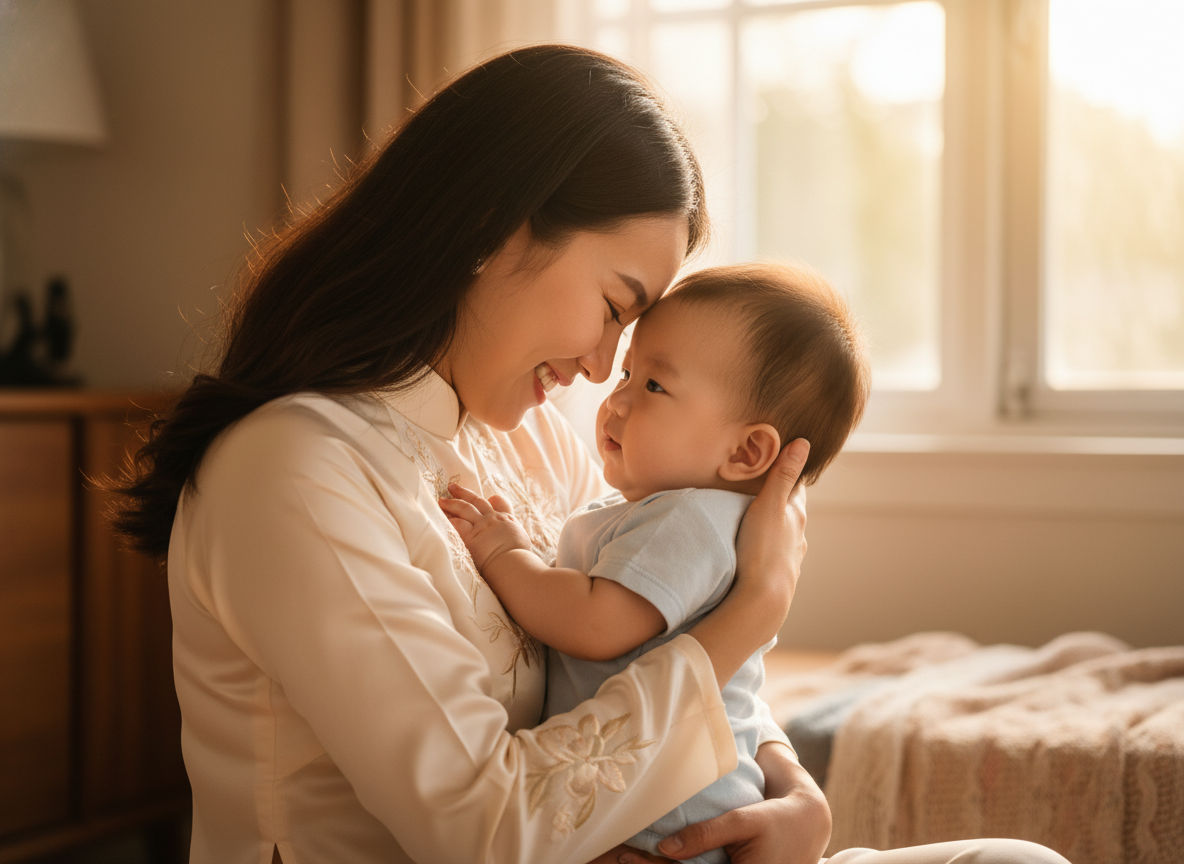 Mẹ và bé hạnh phúc mỉm cười sau bữa ăn, thể hiện niềm vui và gắn kết gia đình.