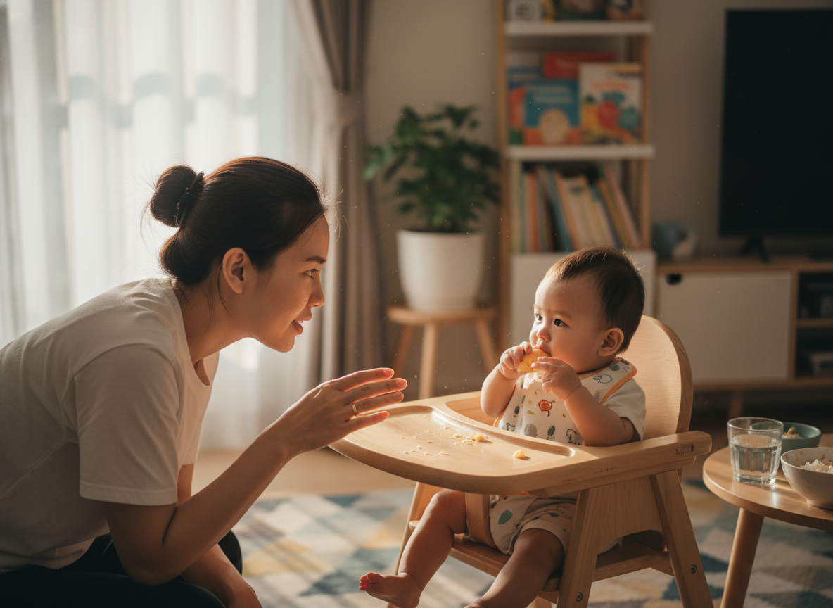 Mẹ quan sát cẩn thận bé ăn, đảm bảo an toàn tuyệt đối trong bữa ăn dặm của con.