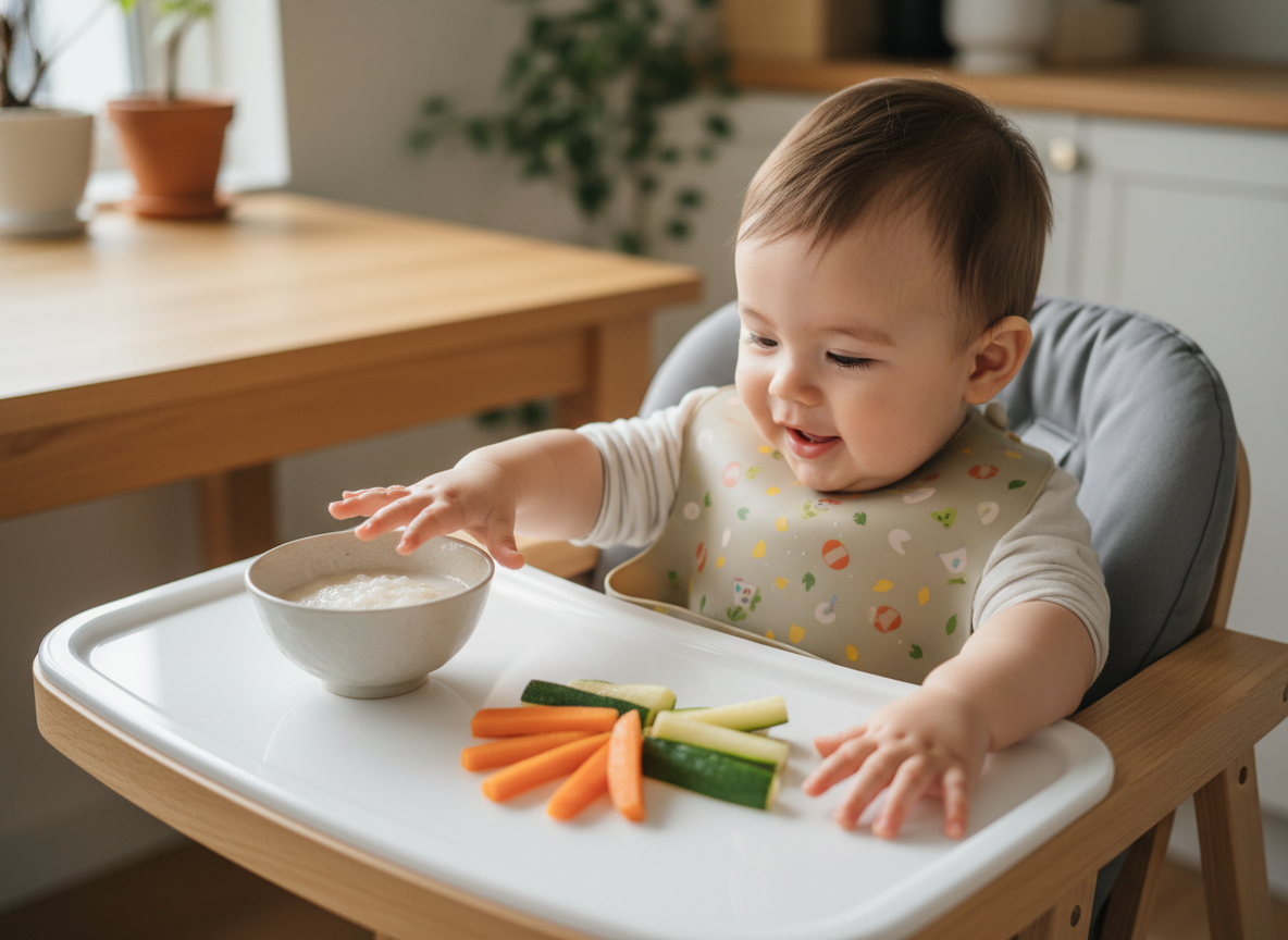 Bé ngồi ghế ăn dặm với cả cháo và thức ăn thô, minh họa phương pháp ăn dặm hỗn hợp.