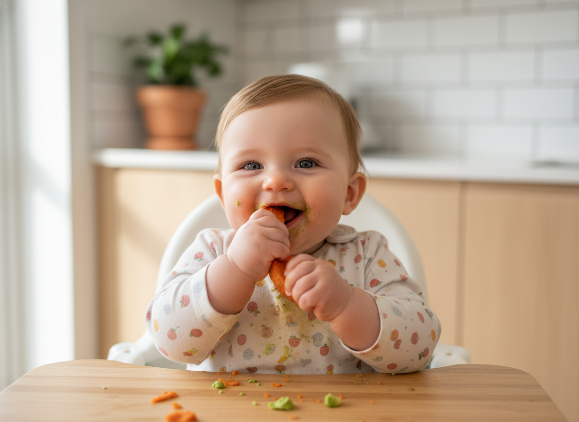 Bé tự tin cầm miếng bơ mềm, khám phá thức ăn bằng tay theo phương pháp BLW.