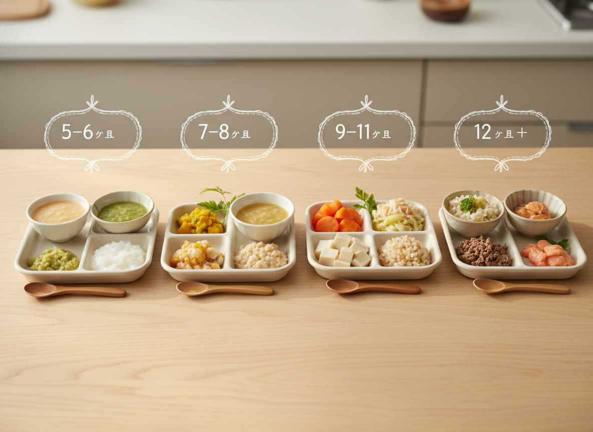 Thực đơn ăn dặm kiểu Nhật theo giai đoạn, minh họa độ thô tăng dần của thức ăn