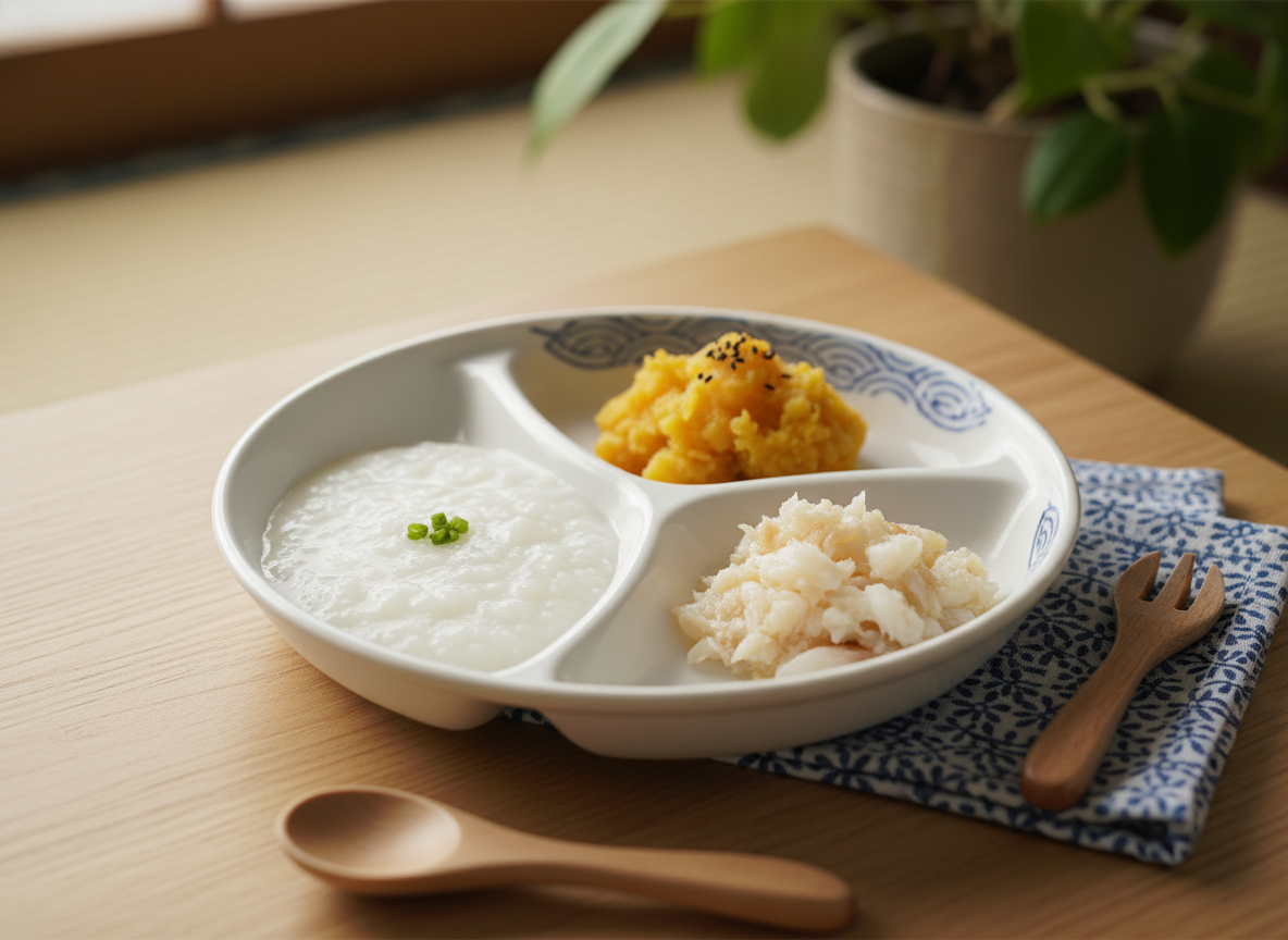 Đĩa ăn dặm kiểu Nhật với cháo, rau củ và cá hấp, chế biến tinh tế cho bé