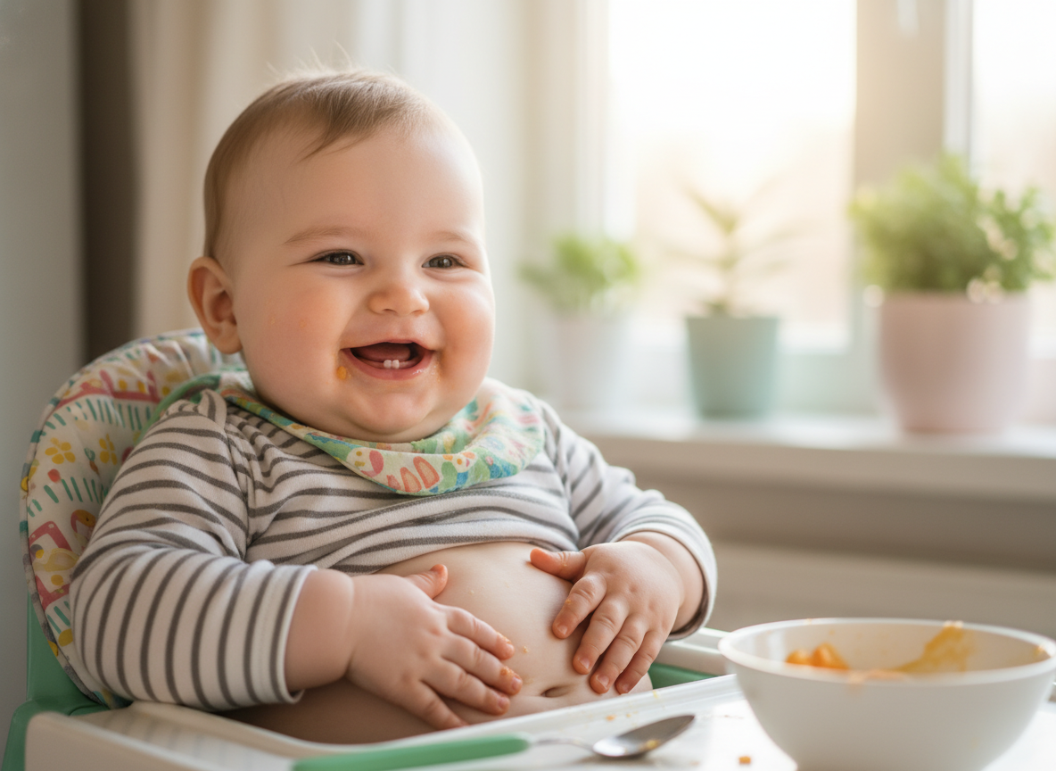 Em bé ăn no, mỉm cười hạnh phúc, bụng tròn xoe sau bữa ăn dặm thành công