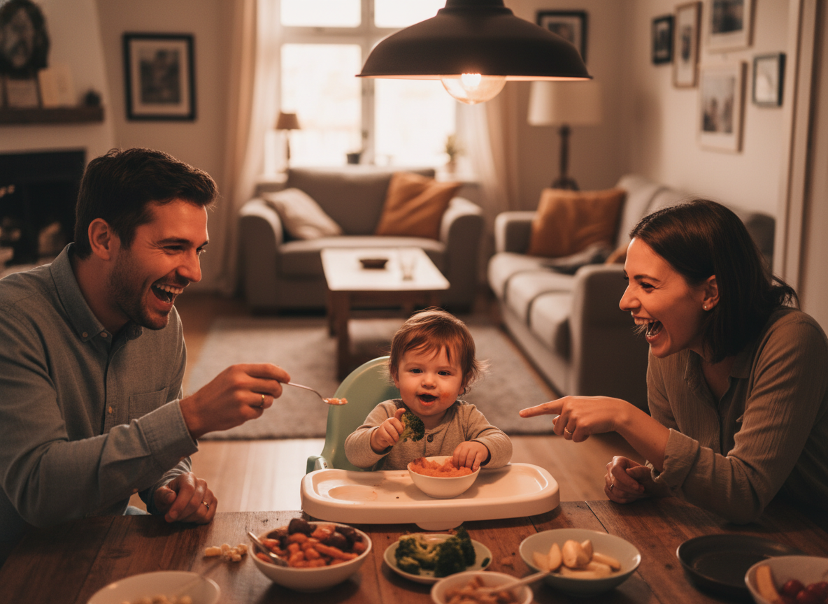 Gia đình vui vẻ ăn uống cùng bé, tạo không khí bữa ăn tích cực và ấm cúng
