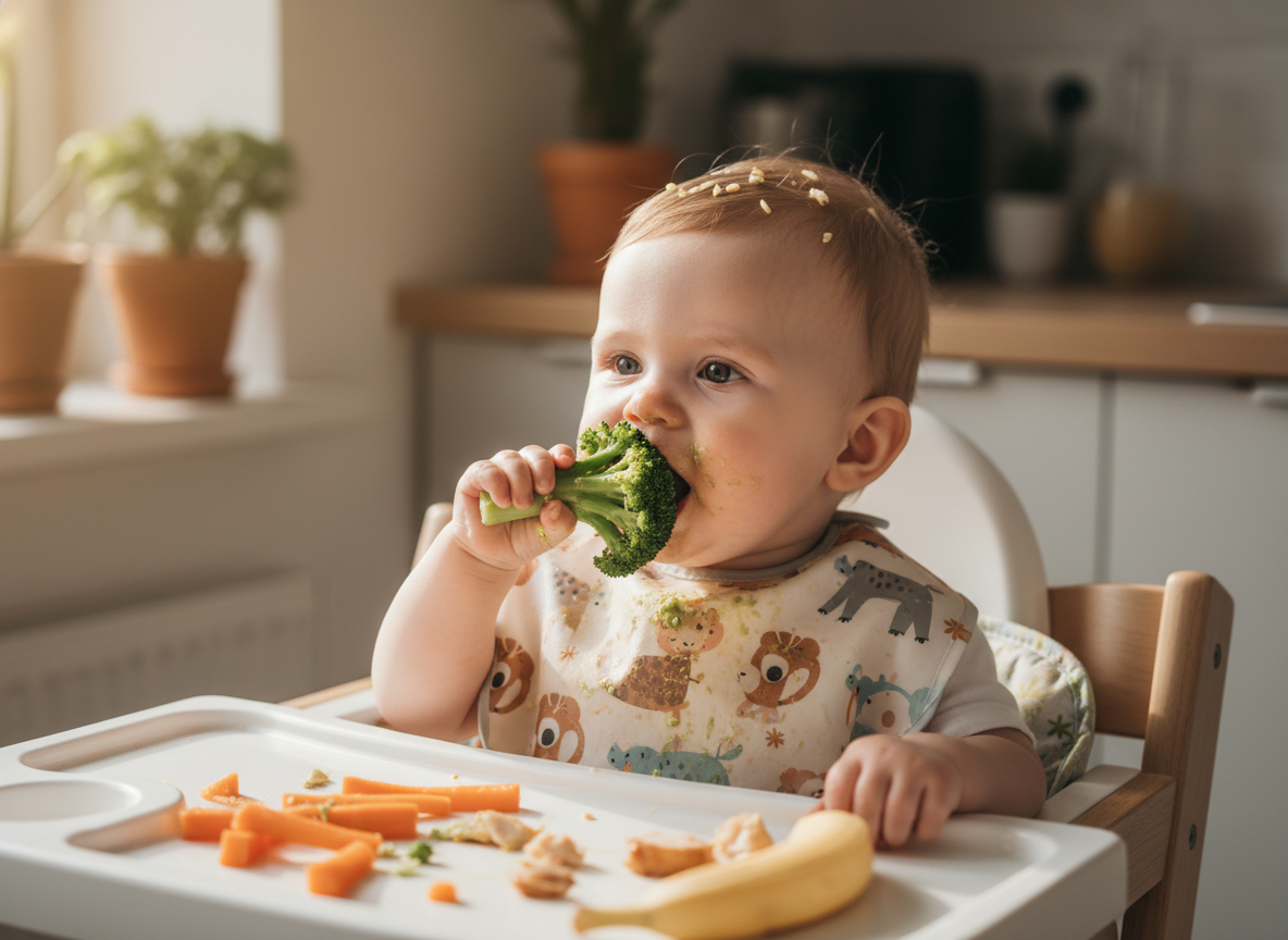 Em bé 8 tháng tự cầm bông cải xanh ăn dặm BLW, gương mặt tập trung