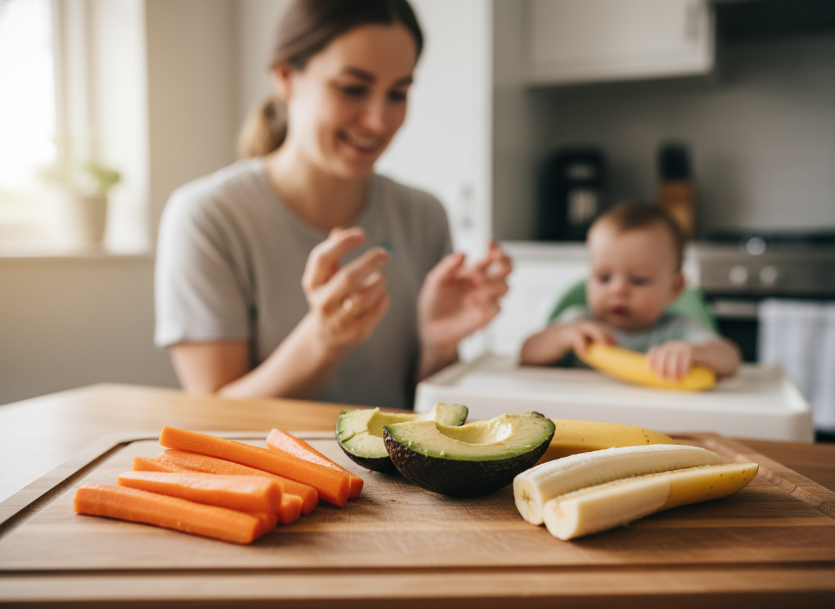 Thực phẩm cắt miếng an toàn cho BLW như cà rốt, bơ, chuối và người lớn giám sát