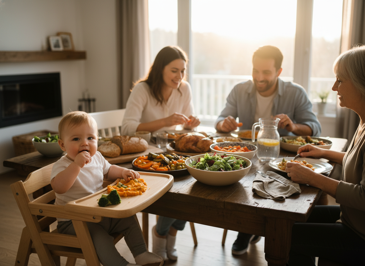 Gia đình quây quần bên bàn ăn, bé ngồi ghế ăn dặm và cùng tham gia bữa ăn, tạo không khí tích cực.