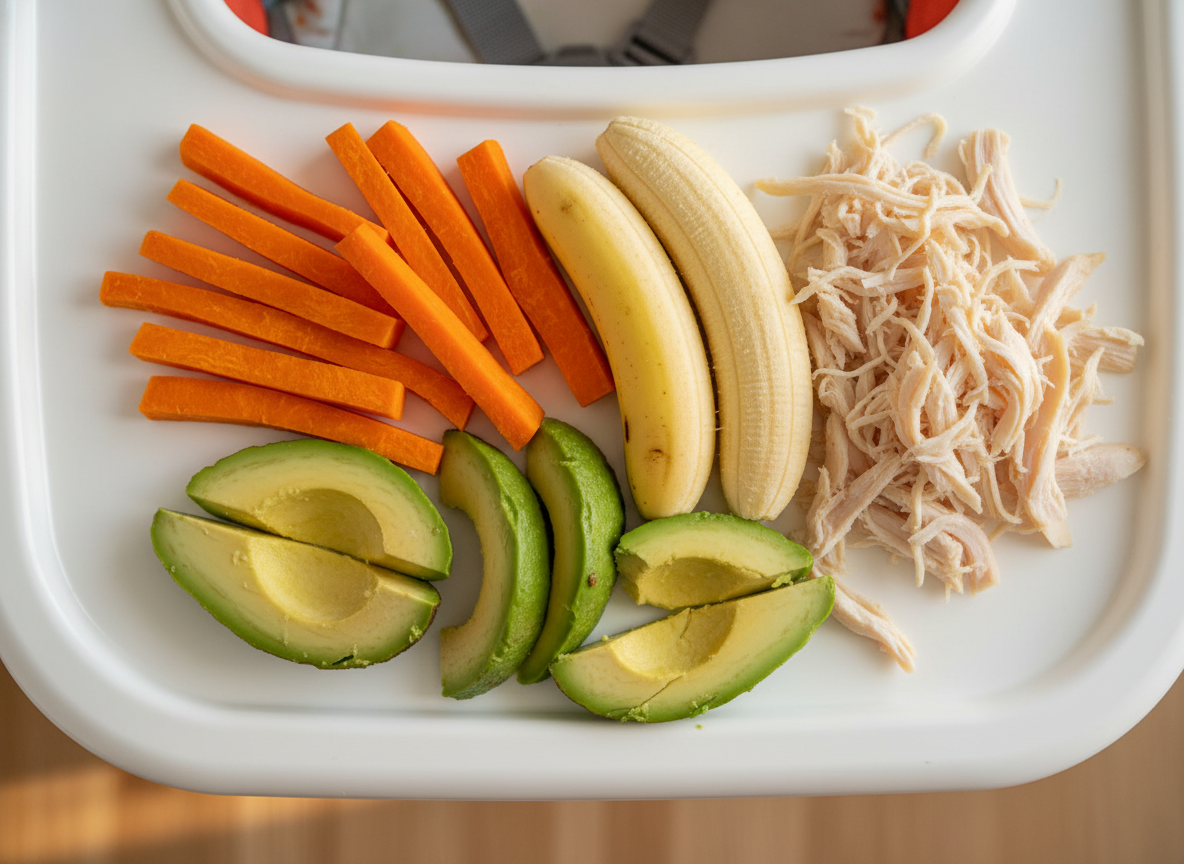 Các loại thực phẩm khởi đầu BLW: thanh bơ, cà rốt hấp, chuối và thịt gà xé, cắt miếng dài an toàn cho bé bốc.