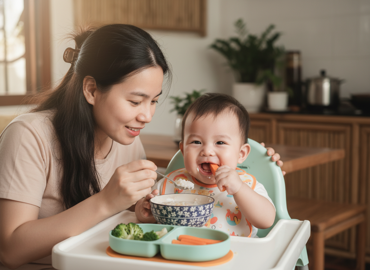 Mẹ đút cháo cho bé và bé tự bốc rau củ luộc, minh họa phương pháp ăn dặm kết hợp hiệu quả và vui vẻ.