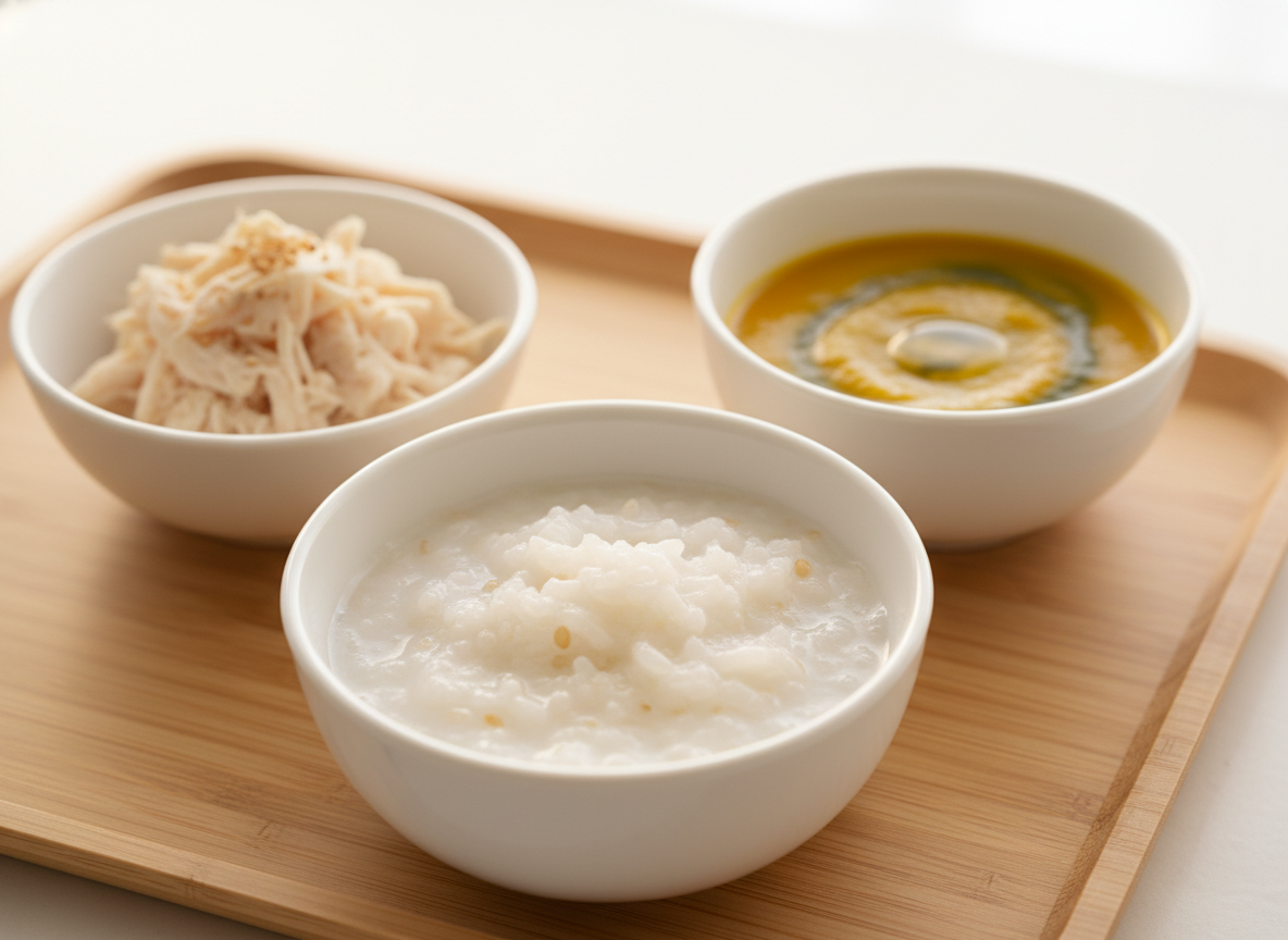 Thực đơn ăn dặm kiểu Nhật cho bé 7-8 tháng gồm cháo đặc hơn, thịt gà xé nhỏ và súp rau củ nghiền, tăng độ thô.