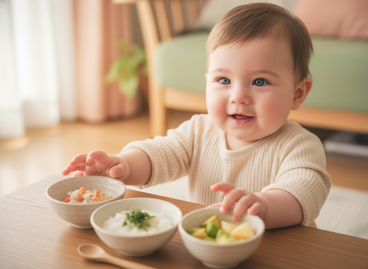 Em bé 6 tháng tuổi hào hứng khám phá chén thức ăn dặm kiểu Nhật, mắt sáng ngời.