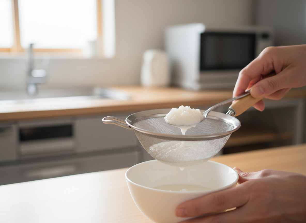 Mẹ tỉ mỉ rây cháo trắng 1:10 cho bé ăn dặm kiểu Nhật, đảm bảo độ mịn.