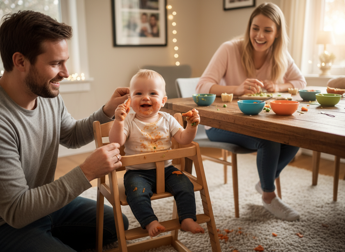 Bữa ăn gia đình vui vẻ với bé ăn dặm BLW, cha mẹ chấp nhận sự bừa bộn.