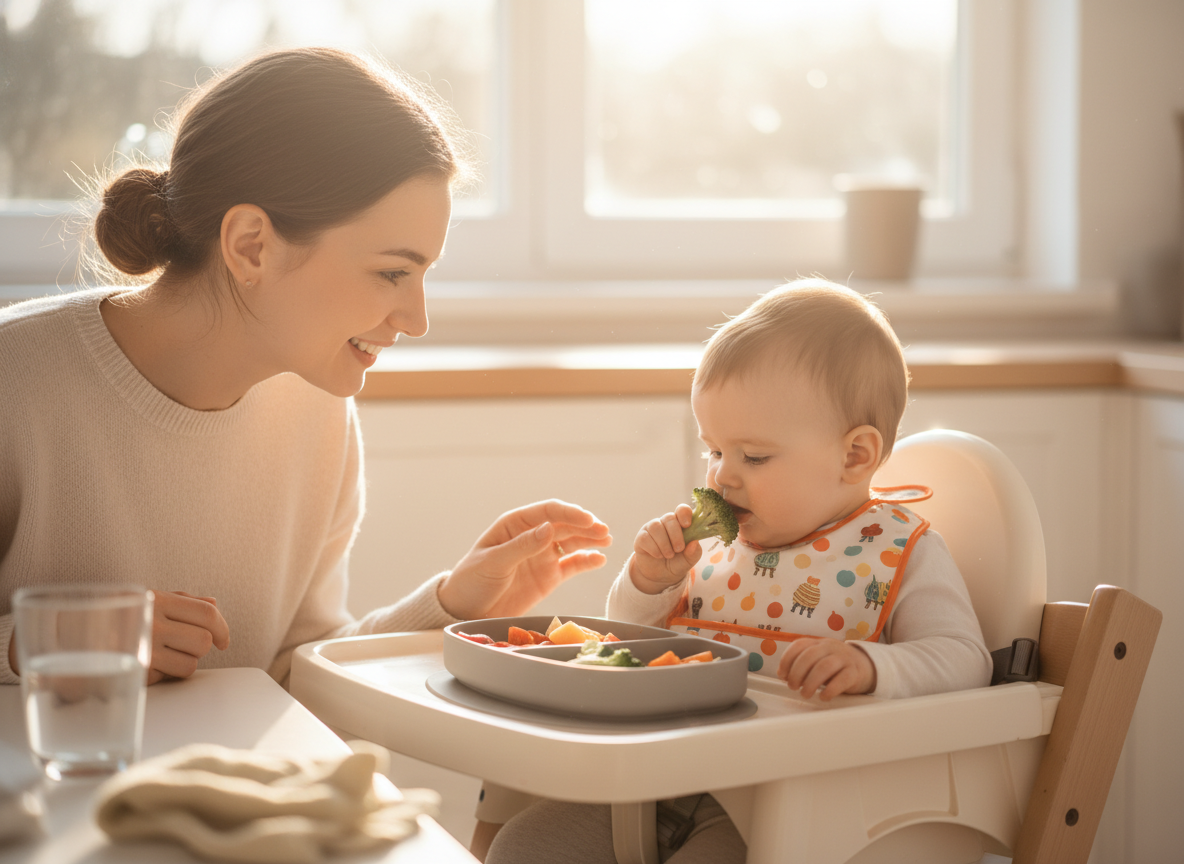 Mẹ giám sát bé ăn dặm BLW, đảm bảo an toàn tuyệt đối, tư thế ngồi đúng.