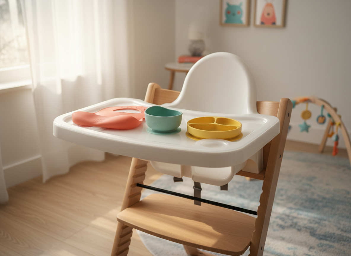 Bức ảnh chụp một chiếc ghế ăn dặm hiện đại, có khay rộng rãi và chỗ để chân vững chắc, cùng với yếm máng và bát đĩa chống trượt trên khay.