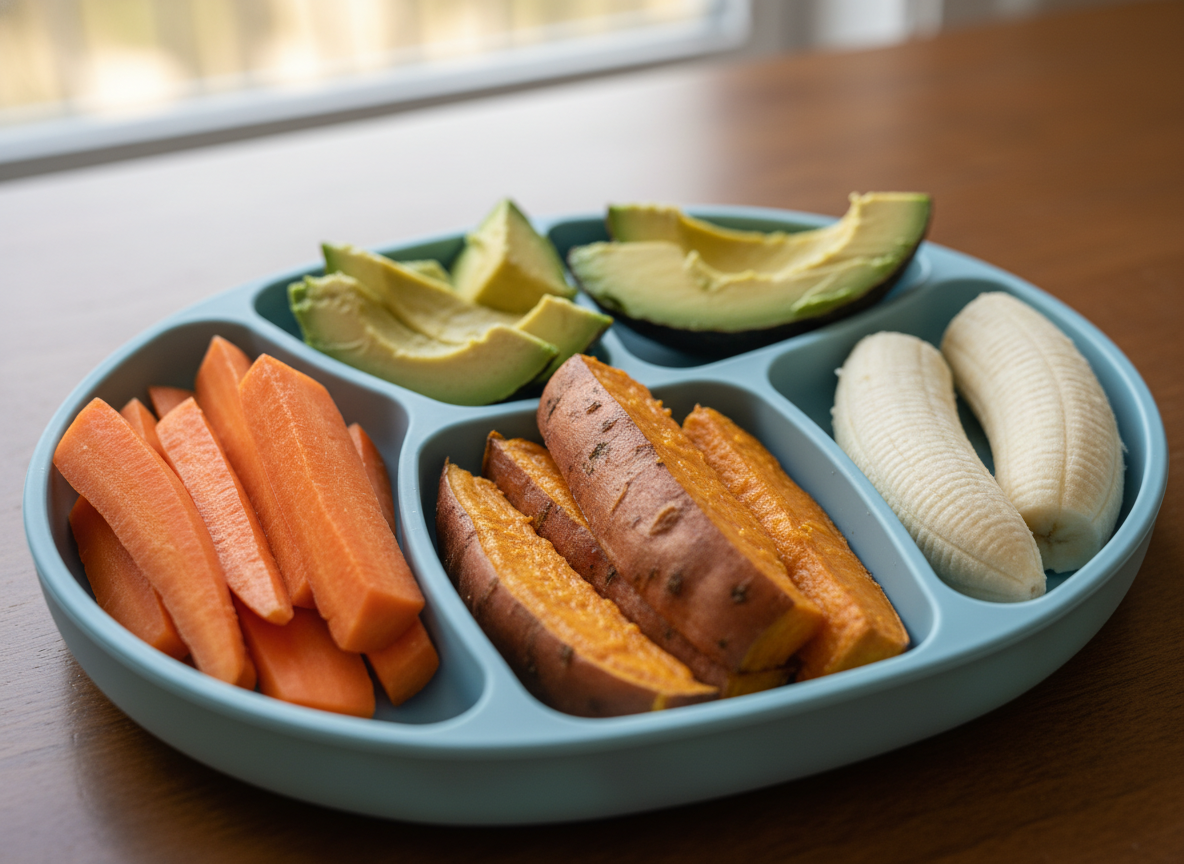 Thực phẩm BLW cắt thanh an toàn, dễ cầm nắm cho bé mới bắt đầu.