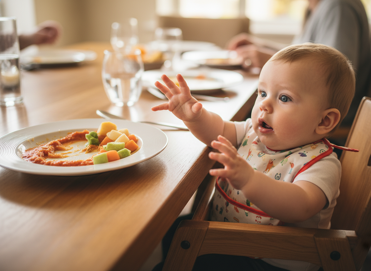 Bé 6 tháng tuổi biểu hiện sẵn sàng ăn dặm, tò mò với thức ăn của mẹ.