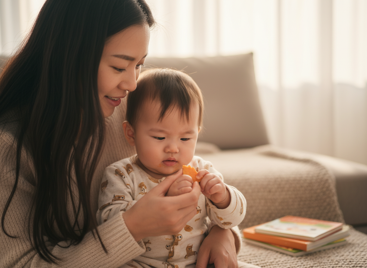 Một người mẹ trẻ với mái tóc dài đang dịu dàng hướng dẫn bé 8 tháng tuổi tự cầm nắm miếng khoai lang hấp mềm trong tay, không khí ấm cúng.