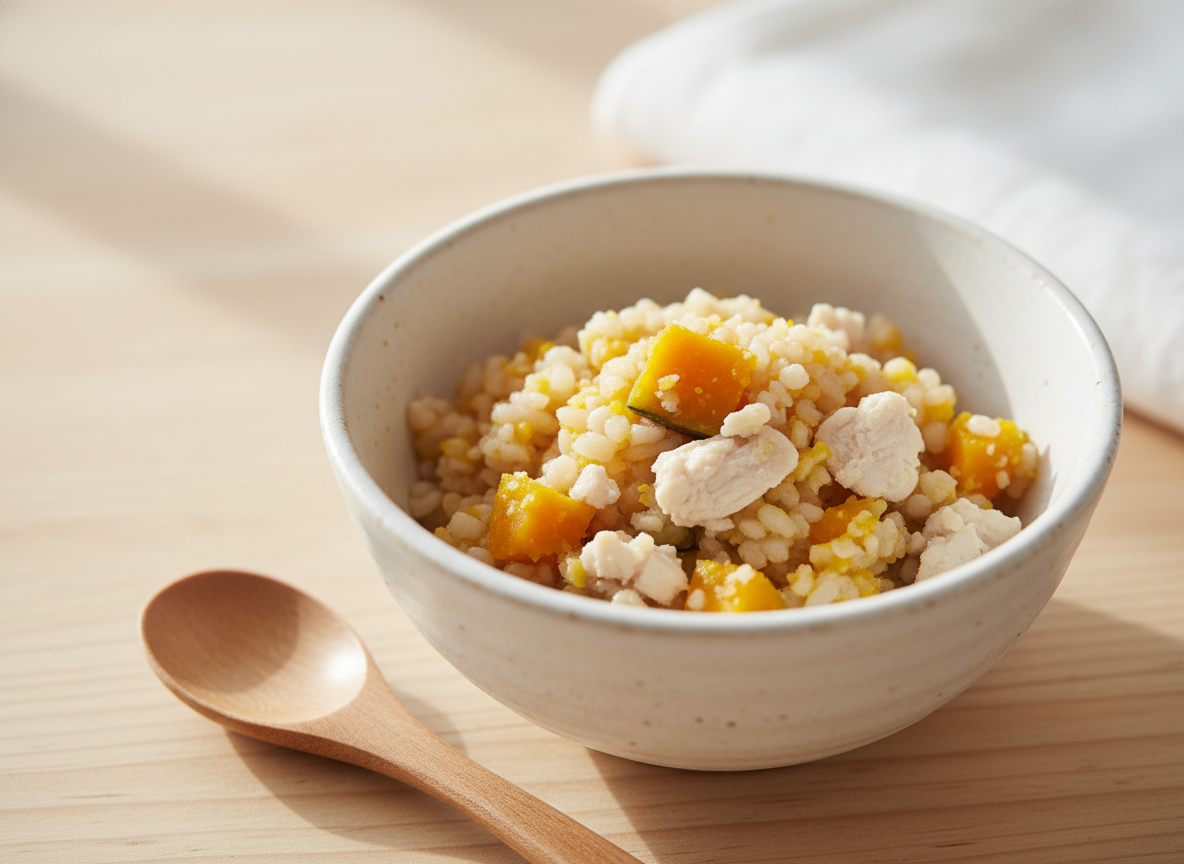 Một bát cháo ăn dặm kiểu Nhật 7 tháng tuổi, cháo rây lợn cợn với miếng bí đỏ hấp mềm và thịt gà băm nhỏ, trang trí đẹp mắt.