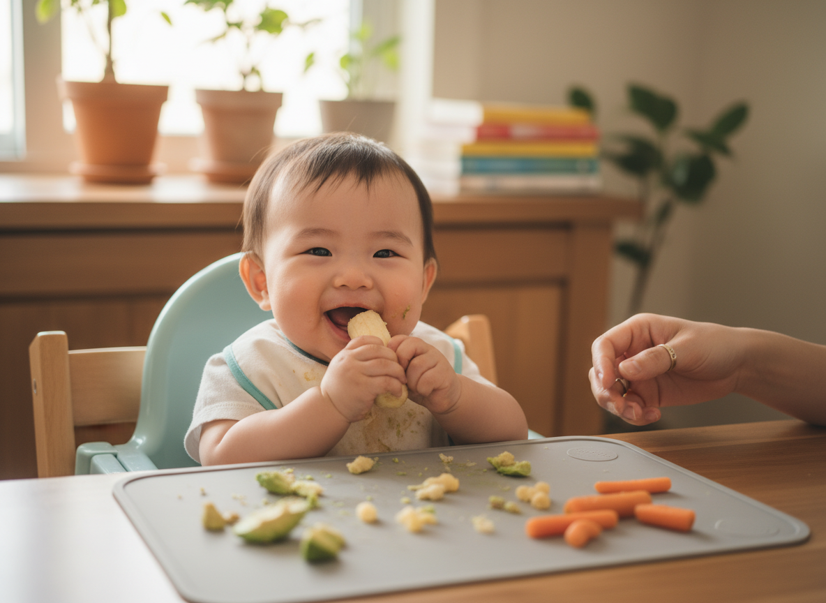 Bé 8 tháng tuổi ngồi trong ghế ăn dặm, tự bốc ăn miếng bơ hoặc chuối cắt thanh, mẹ ngồi bên cạnh mỉm cười khuyến khích.