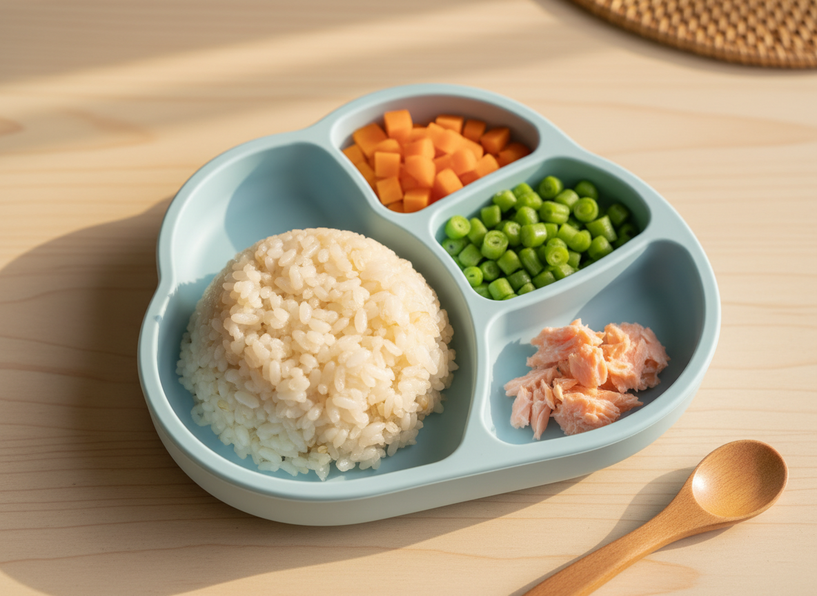 Khay ăn dặm kiểu Nhật nhiều ngăn của bé 8 tháng tuổi, có cơm nát, cà rốt thái hạt lựu, đậu que và miếng cá hồi hấp.