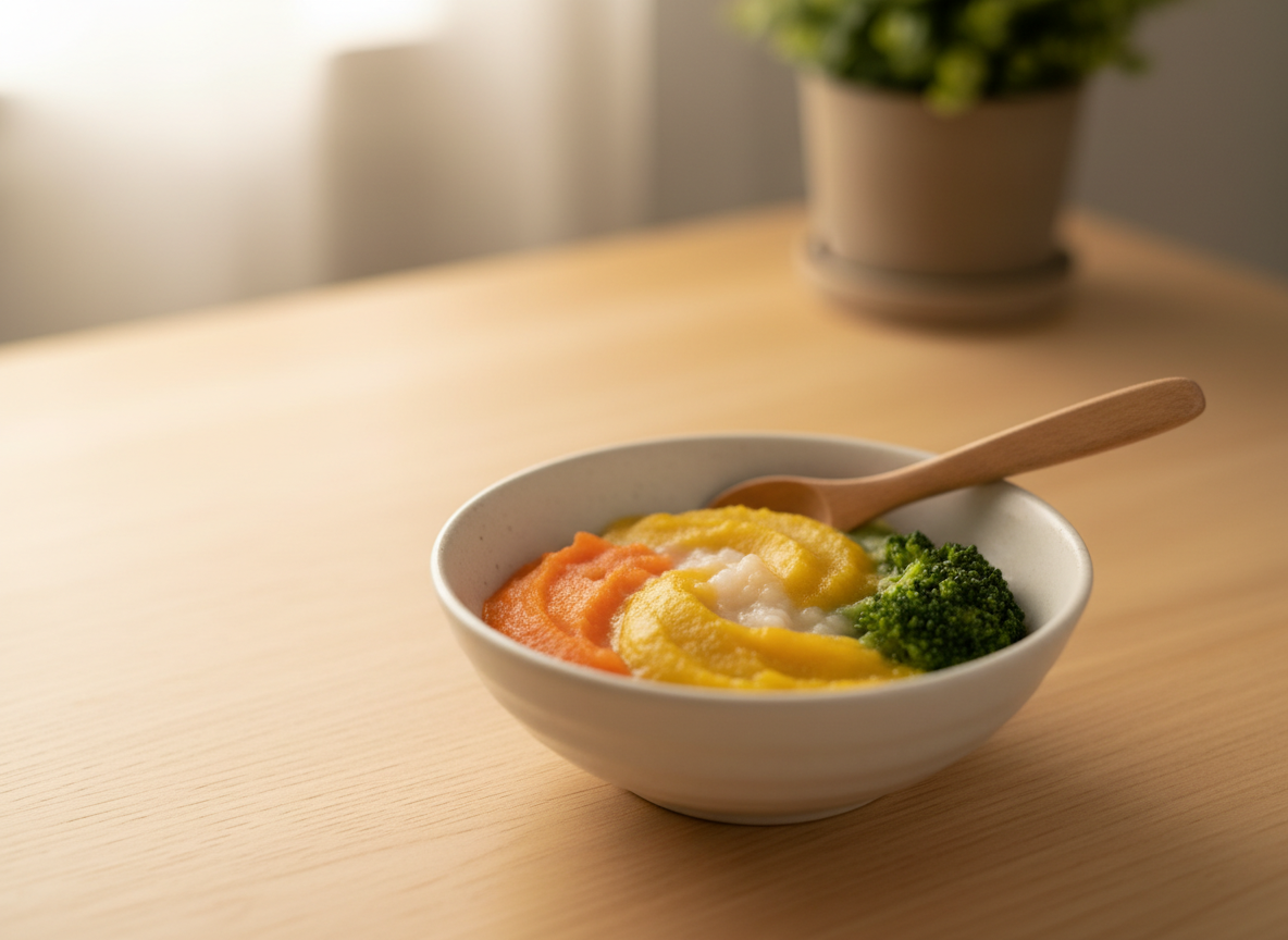 Bát cháo rau củ kiểu Nhật đủ màu sắc, với bí đỏ, cà rốt và súp lơ xanh hấp dẫn, sẵn sàng cho bé thưởng thức.