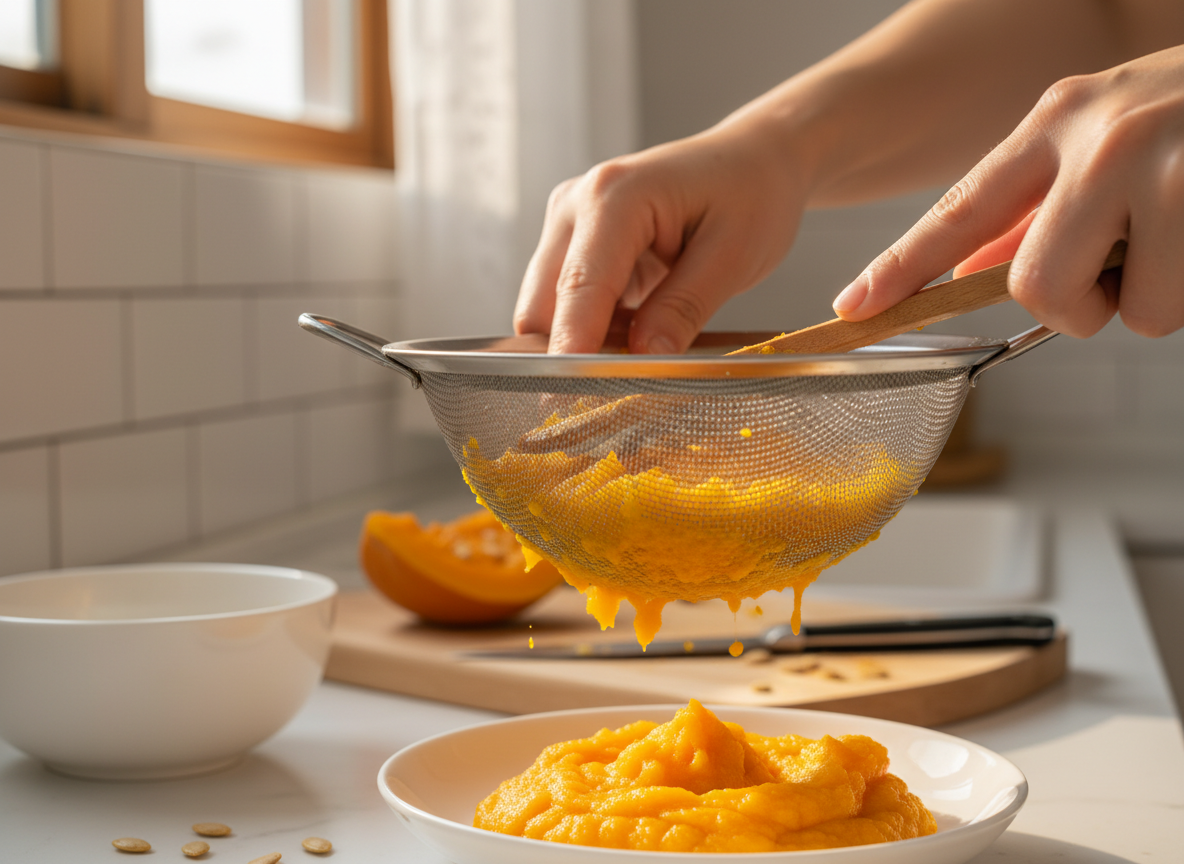 Bàn tay mẹ đang rây mịn bí đỏ hấp chín qua rây lọc, chuẩn bị cháo ăn dặm rau củ cho bé.