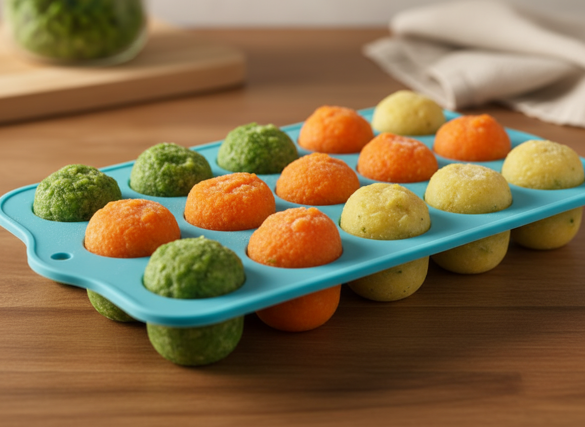 Khay trữ đông chuyên dụng chứa các viên cháo rau củ ăn dặm đã nấu sẵn, tiện lợi bảo quản cho bé.