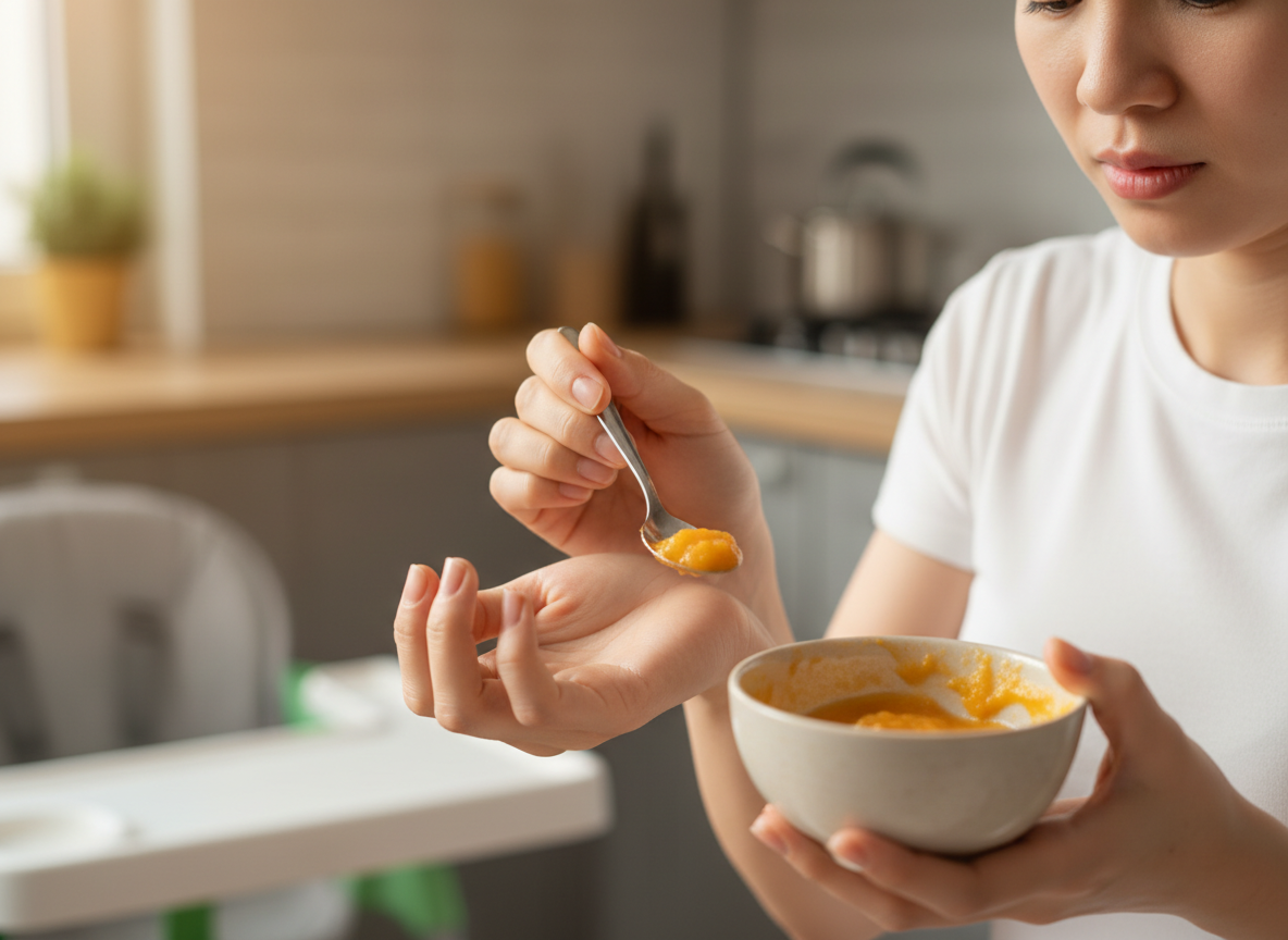 Mẹ kiểm tra nhiệt độ cháo trên cổ tay trước khi cho bé ăn