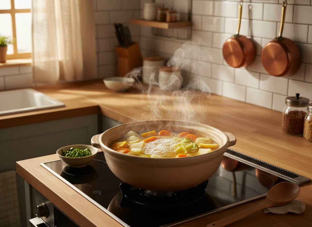 Nồi nước Dashi rau củ đang sôi liu riu trên bếp, bốc khói nhẹ, toát lên hương thơm ngọt ngào tự nhiên.